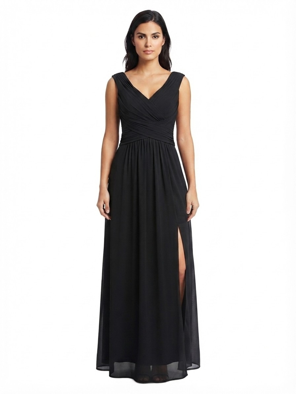 David's Bridal Black Chiffon Ruched V-Neck Floor Length Dress with Side Slit